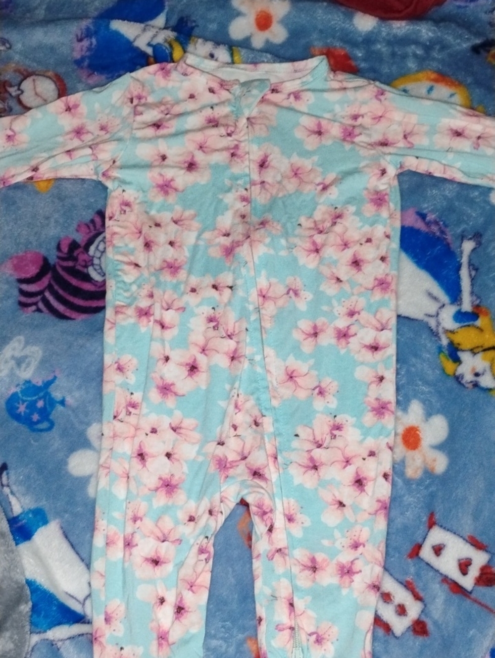 Baby Floral Footed One-Piece - Light Blue with Pink Blossoms - Bamboo